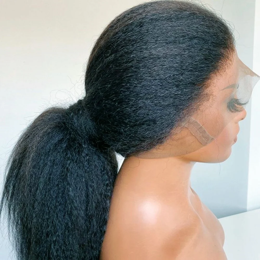 

Kinky Straight Soft 26Inch Long 180Density Yaki Natural Black Deep Lace Front Wig For Women Babyhair Glueless Preplucked Daily