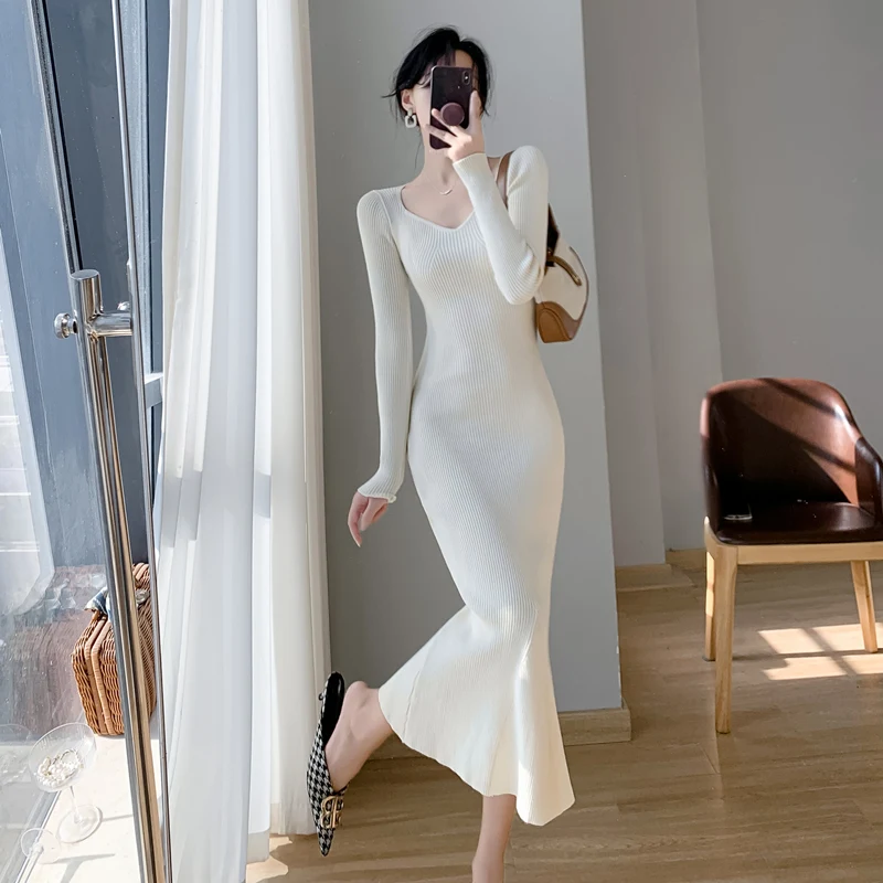 Women Winter Knit Sweater Dresses Hot Sexy Bodycon Skirt Elastic Knitted Long Sleeve Deep V Neck Skirt Knitted Top Dress S04