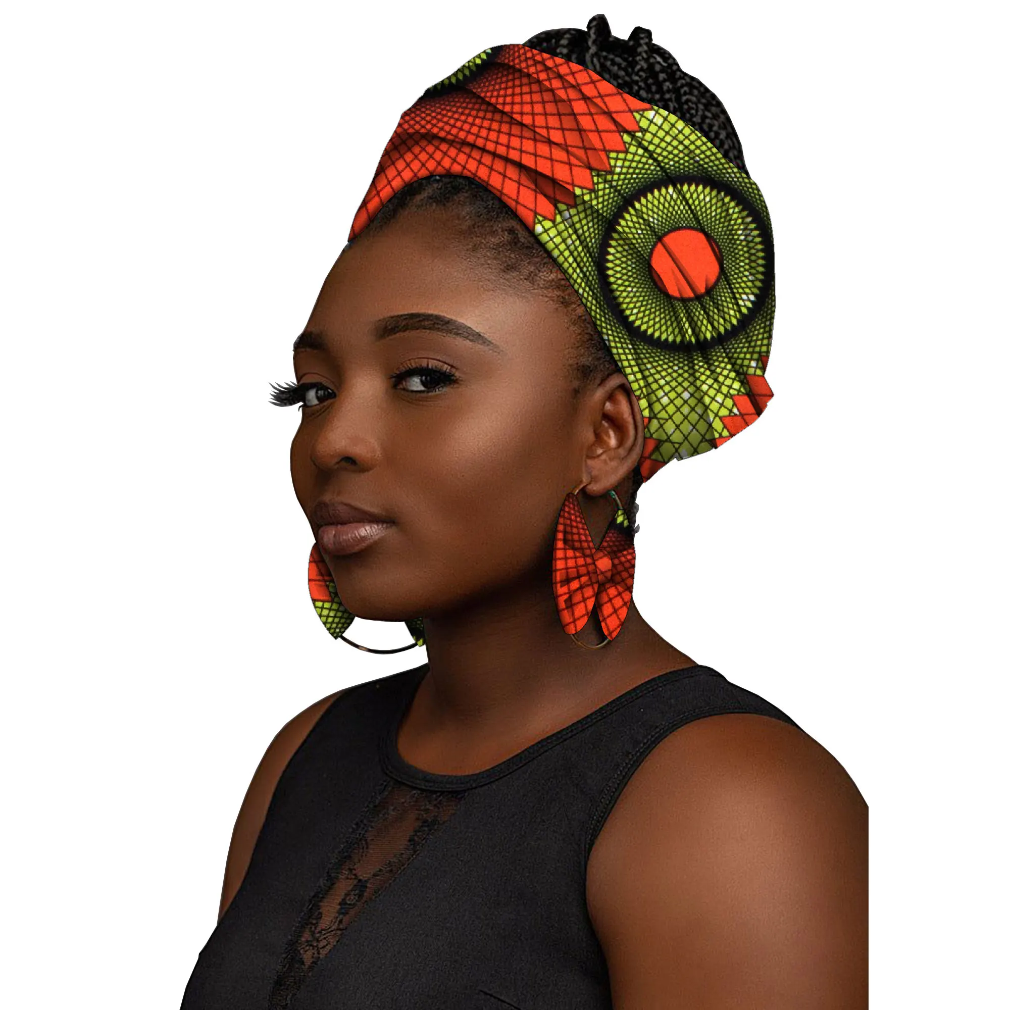 African Headtie Print Headwrap Ankara Wax Fabric Headwraps Kente Scarves and Earrings 2 Pieces WYB911 - view 5