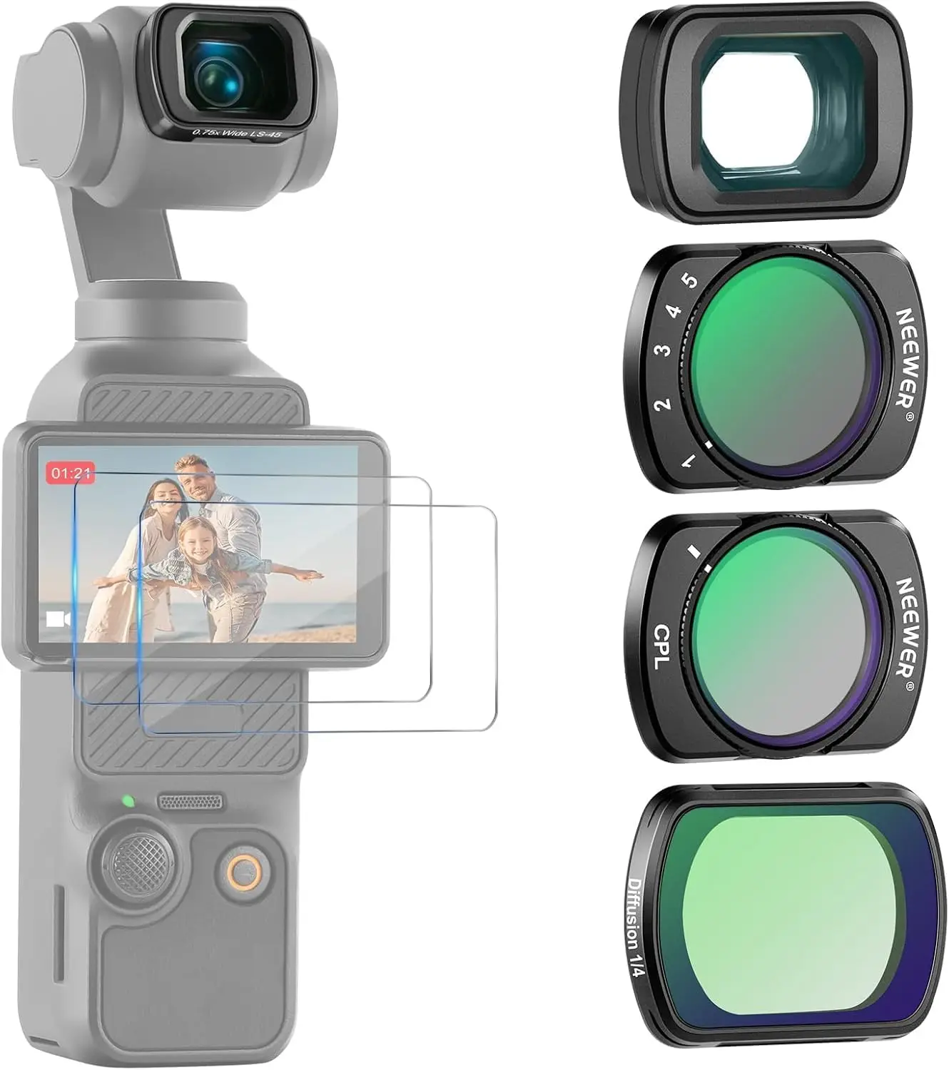 neewer-filter-set-with-075x-wide-angle-lens-variable-nd2-32-cpl-1-4-black-diffusion-filter-for-dji-osmo-pocket-3-4-xtra-muse