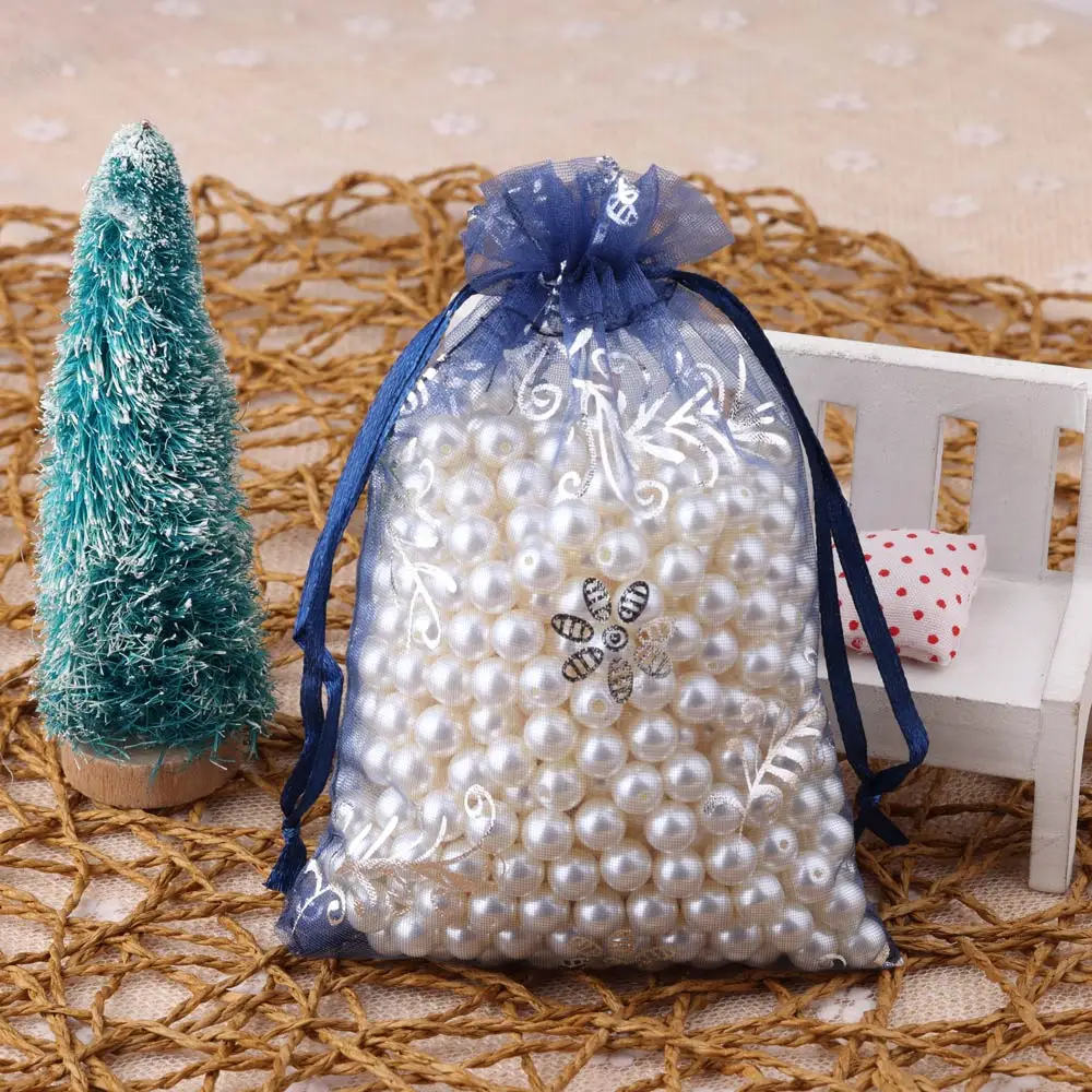 50pcs/lot Organza Bag Jewelry Packaging Hot Printing Snowflake Christmas Gift Bags Storage Wedding Drawstring Pouches Wholesale