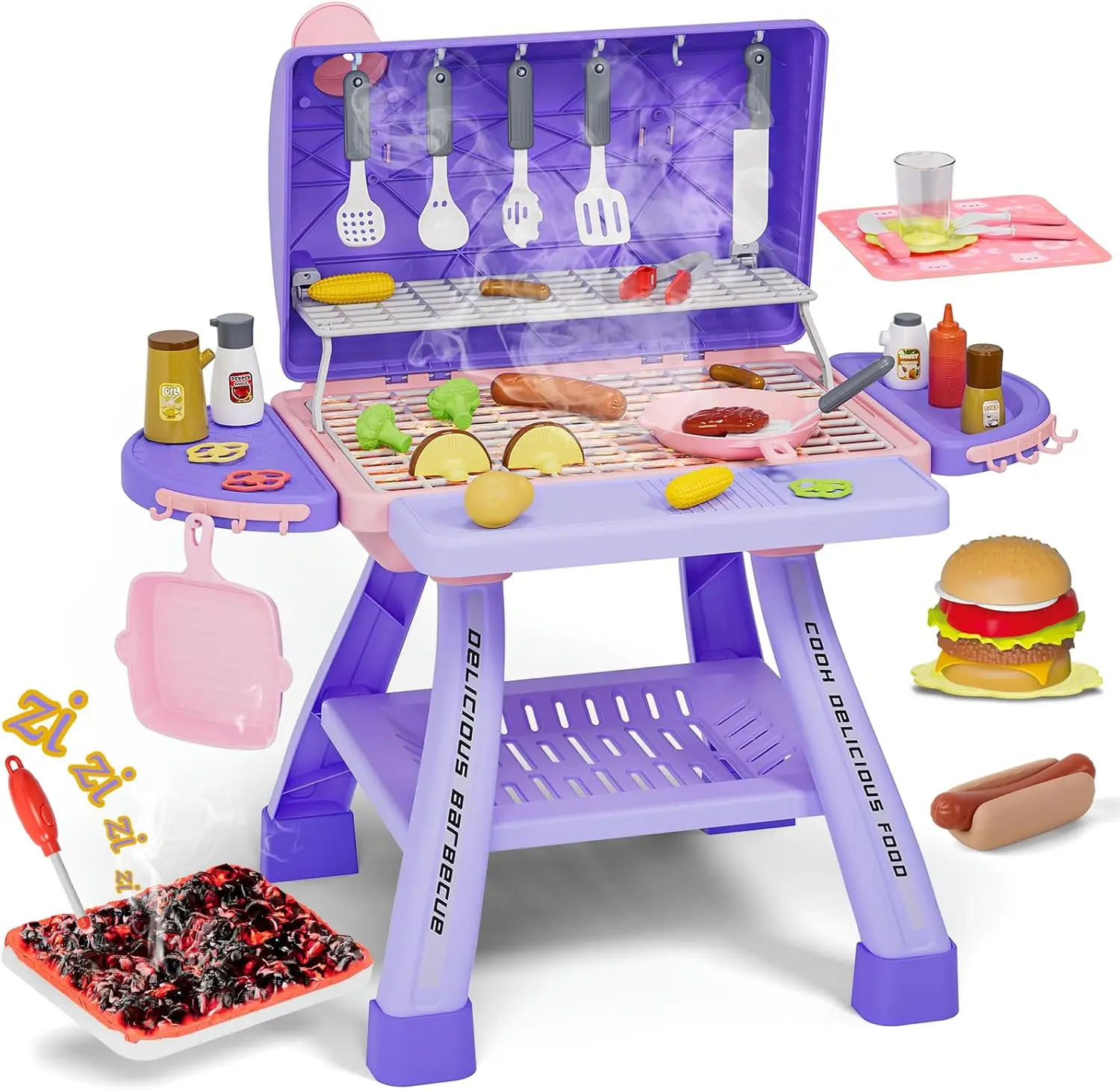 New Upgraded Kids BBQ Grill Playset with Smoke, Sound&Light, Toy Grill for Girls, Pretend Food Hamburger, Kitchen Barbecue Toy G