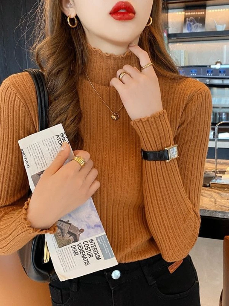 가을 겨울 우아한 패션 슬림 긴 소매 스웨터 세련된 셔링 솔리드 니트 풀오버 터틀넥 스위트 풀오버 여성 의류