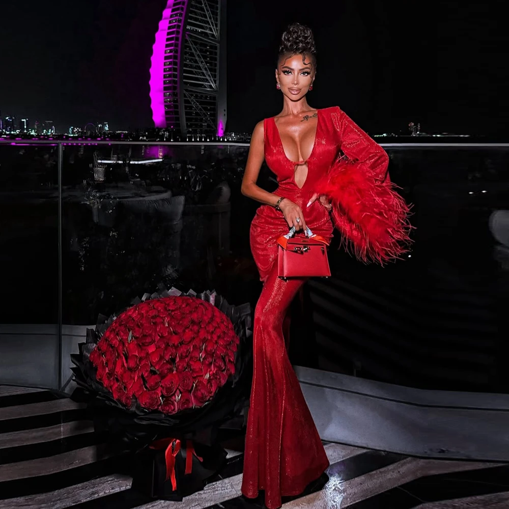 

One Shoulder Feather Evening Dress Sexy Deep Bright Satin Mermaid Formal Events Dresses Trendy Taffeta Celebrity Party Gowns