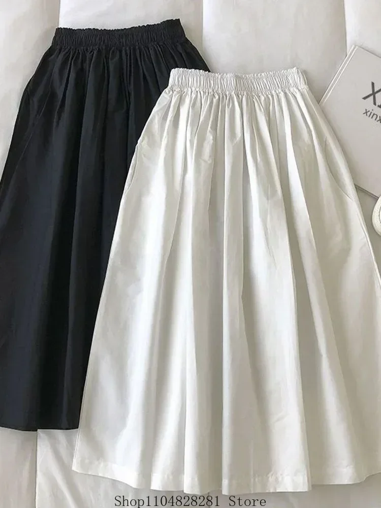 Women White Long Skirt Fashion Pockets Pleated Knee Length Skirts Autumn 2024 New Casual Elegant High Waist A Line Femme Skirts