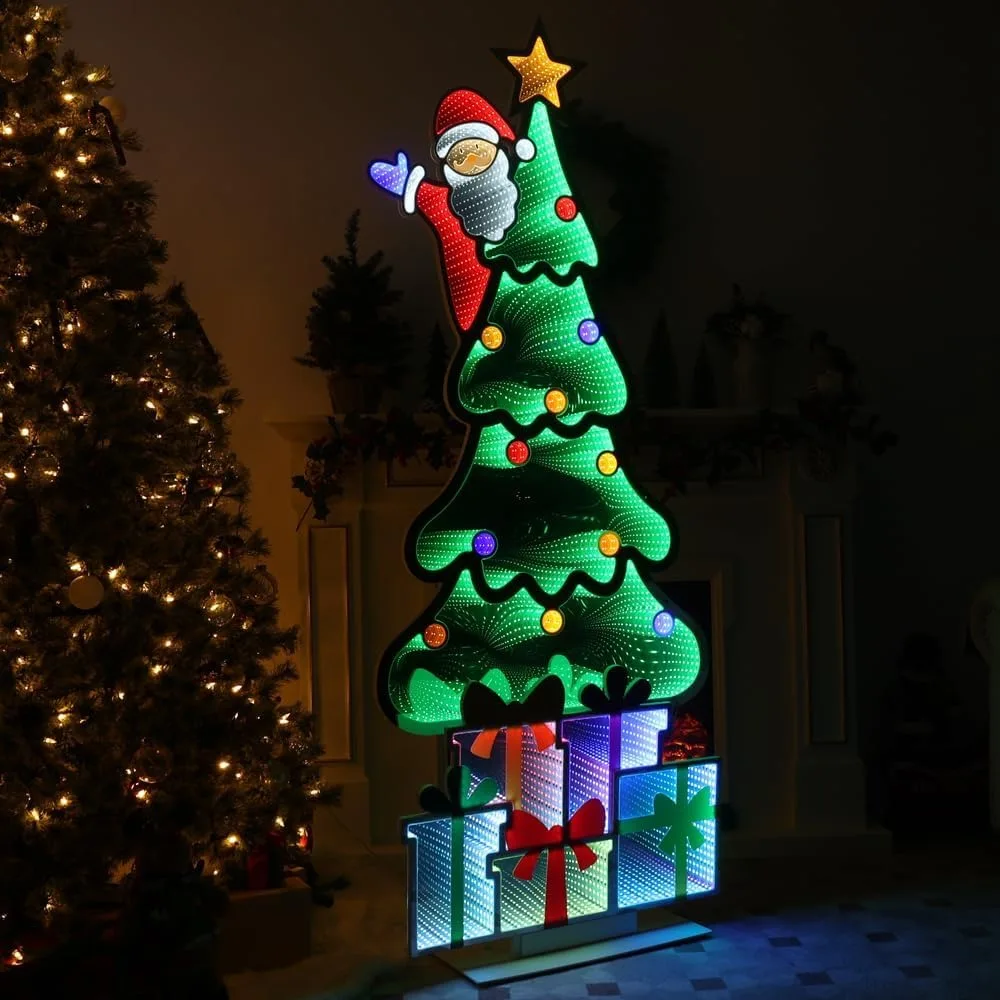 شجرة عيد الميلاد بطول 6 أقدام مع سانتا وصندوق هدايا، مرآة إنفينيتي، ضوء نفق ثلاثي الأبعاد لا نهاية له للمنزل والحفلات الداخلية والخارجية