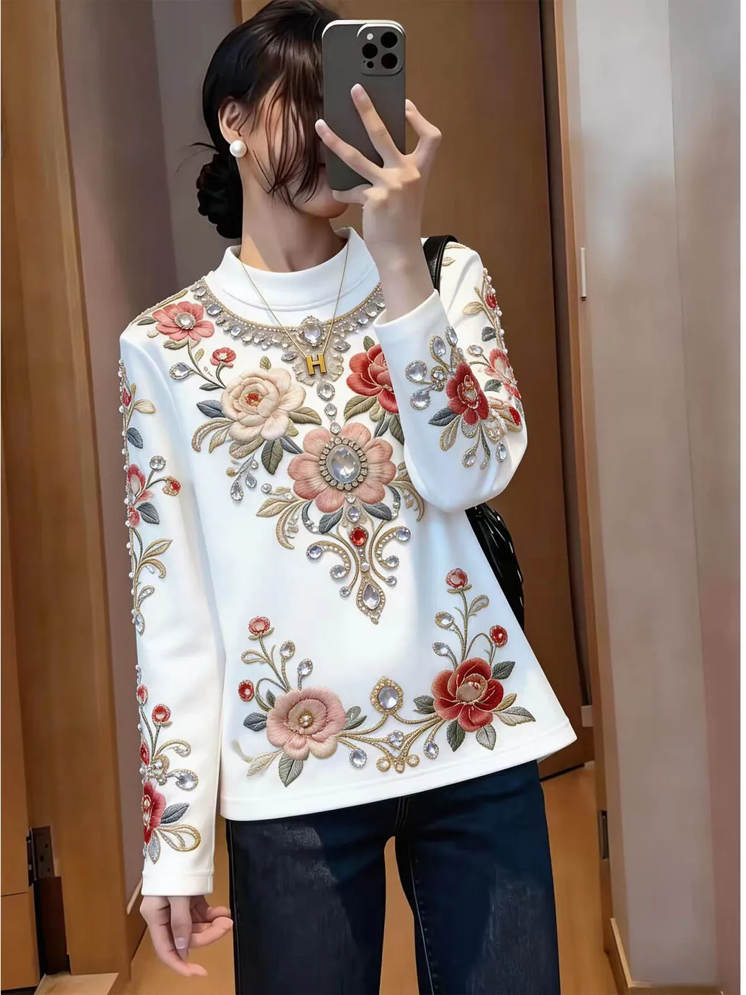 Elegant Floral Print T-Shirt Women's Fashion Autumn Long Sleeve Comfortable Casual Top Glittering Design Korean Style Top