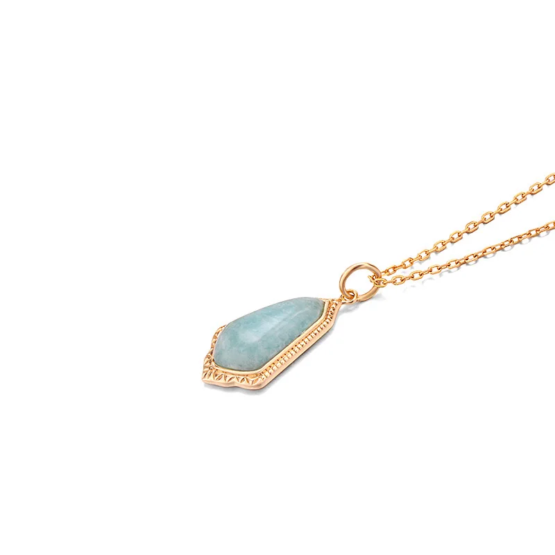 LAMOON Vintage Bijou Natural Amazonite Gemstone Necklace For Women Embossed Pattern Pendant S925 Silver Gold Plated Fine Jewelry