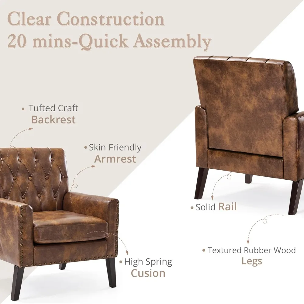 زوج من الكراسي المصنوعة من الجلد الصناعي باللون الأصفر والبني، ارتفاع 18.5، كراسي معنقدة بأزرار، جلوس مريح في غرفة المعيشة بأذرع