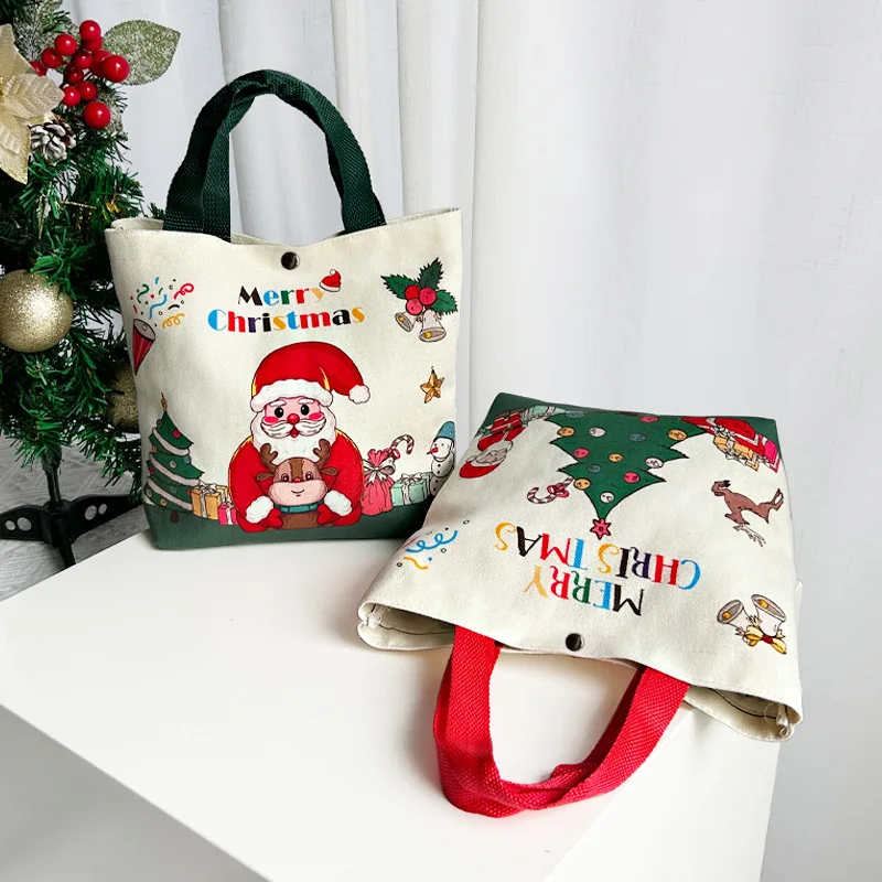 

Christmas Canvas Tote Bags, Christmas Eve Santa Claus Storage Bag, Apple Snacks Candy Packaging Bag Clothes Organizer Packaging