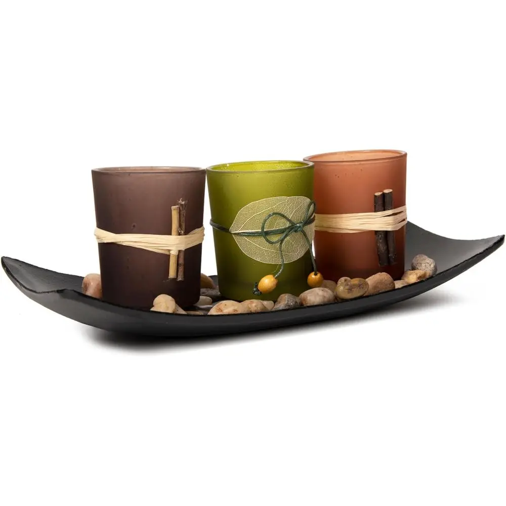 Elegant Vintage-Style Votive Candle Holder Set with 3 LED Tea Lights, Rocks, and Tray - Earth-Toned Table Decor