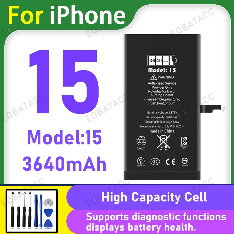 3640mAh Diagnostic Battery With Genuine Part Number Display No Pop-Up Message For iPhone 15 High Quality Replacement +Free Tools
