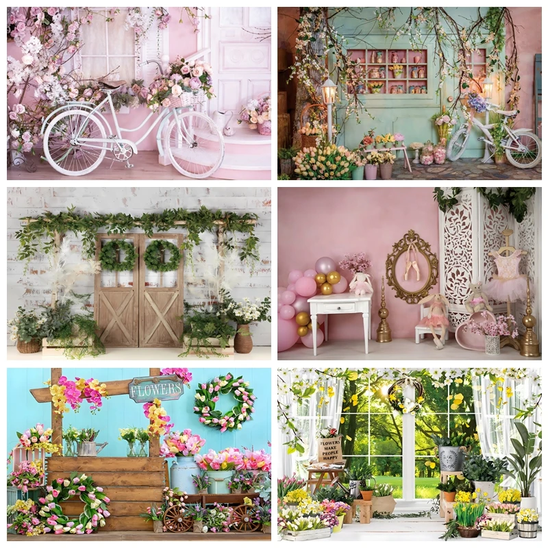 Flower Shop Backdrop Spring Scenery Girls Birthday Party Decor Baby Shower Portrait Photography Background Photo Studio Props