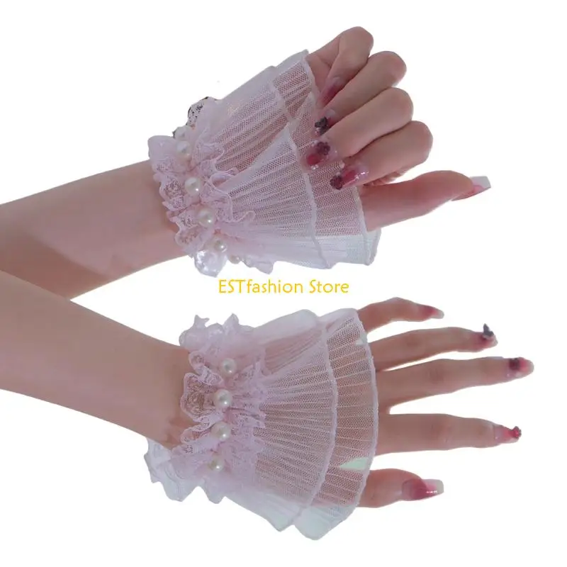 Y5GC Elegant Pearls Embroidered Lace Arm Sleeves Arm Cuffs For Nails Art Photography