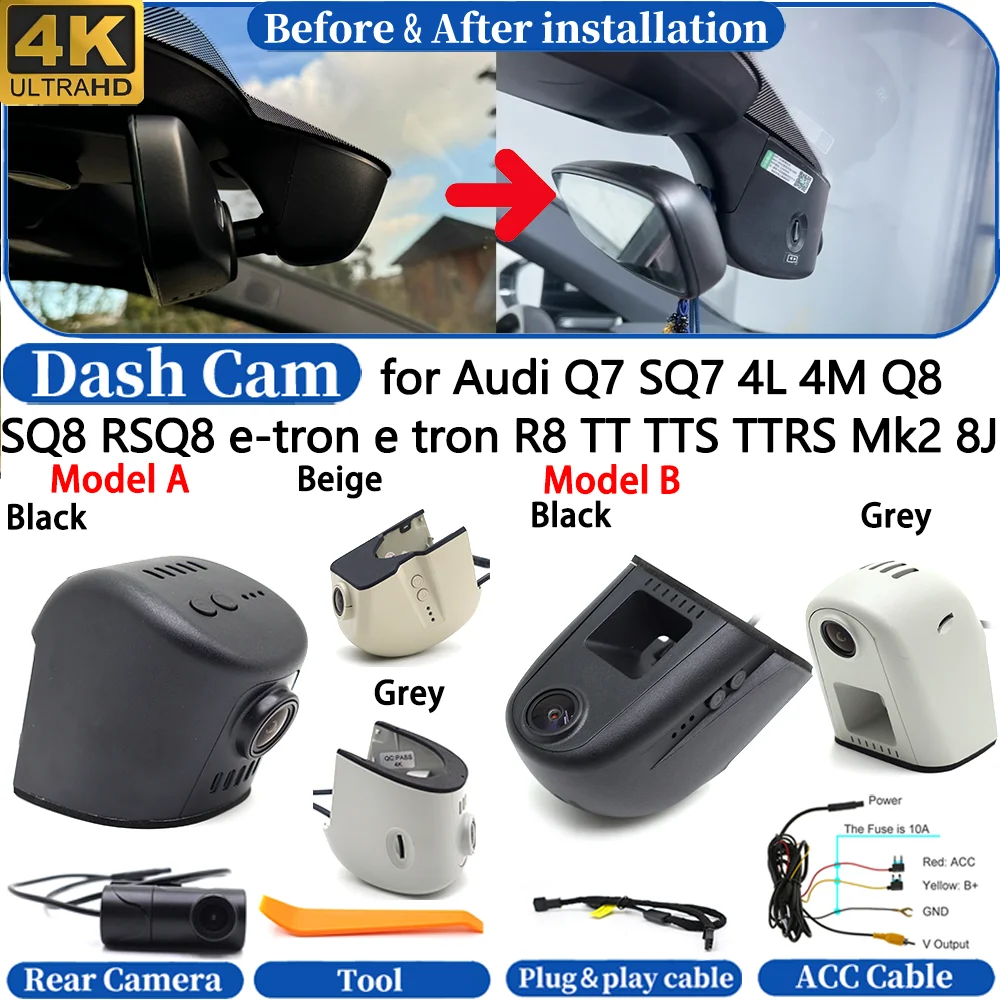 Cámara para salpicadero 4K DVR para Audi Q7 SQ7 4L 4M Q8 SQ8 RSQ8 e-tron e tron R8 TT TTS TTRS Mk2 8J, grabadora de vídeo para coche