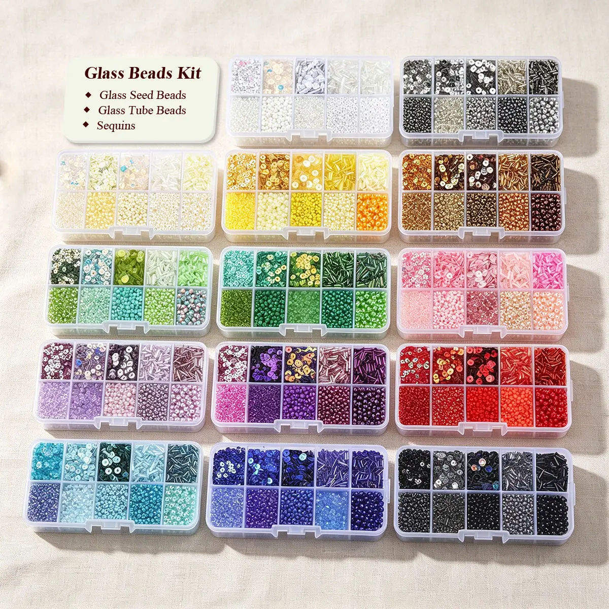 

3-in-1 Mixed Glass Beads Kit, 10 Grid Seed Beads Tube Beads & Sequins for Embroidery Jewelry Making DIY Bracelet Supplies