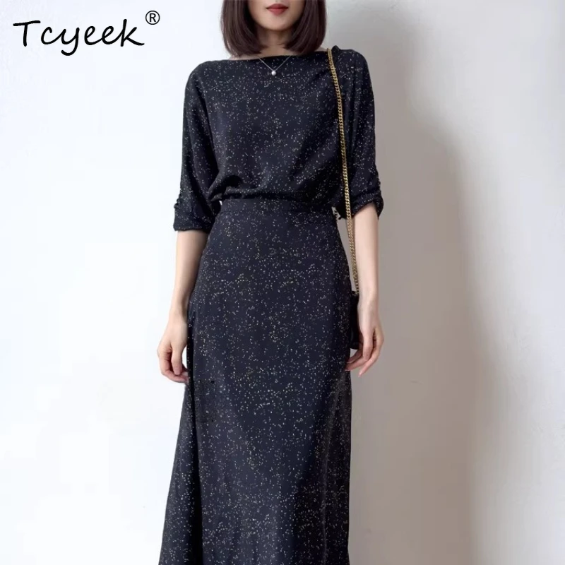 Tcyeek Kleid aus natürlicher Maulbeerseide für Damen, elegante Damenkleider, 100 % Seide, langes Kleid, Frühlings- und Sommerkleidung, Halbarm-Kleider