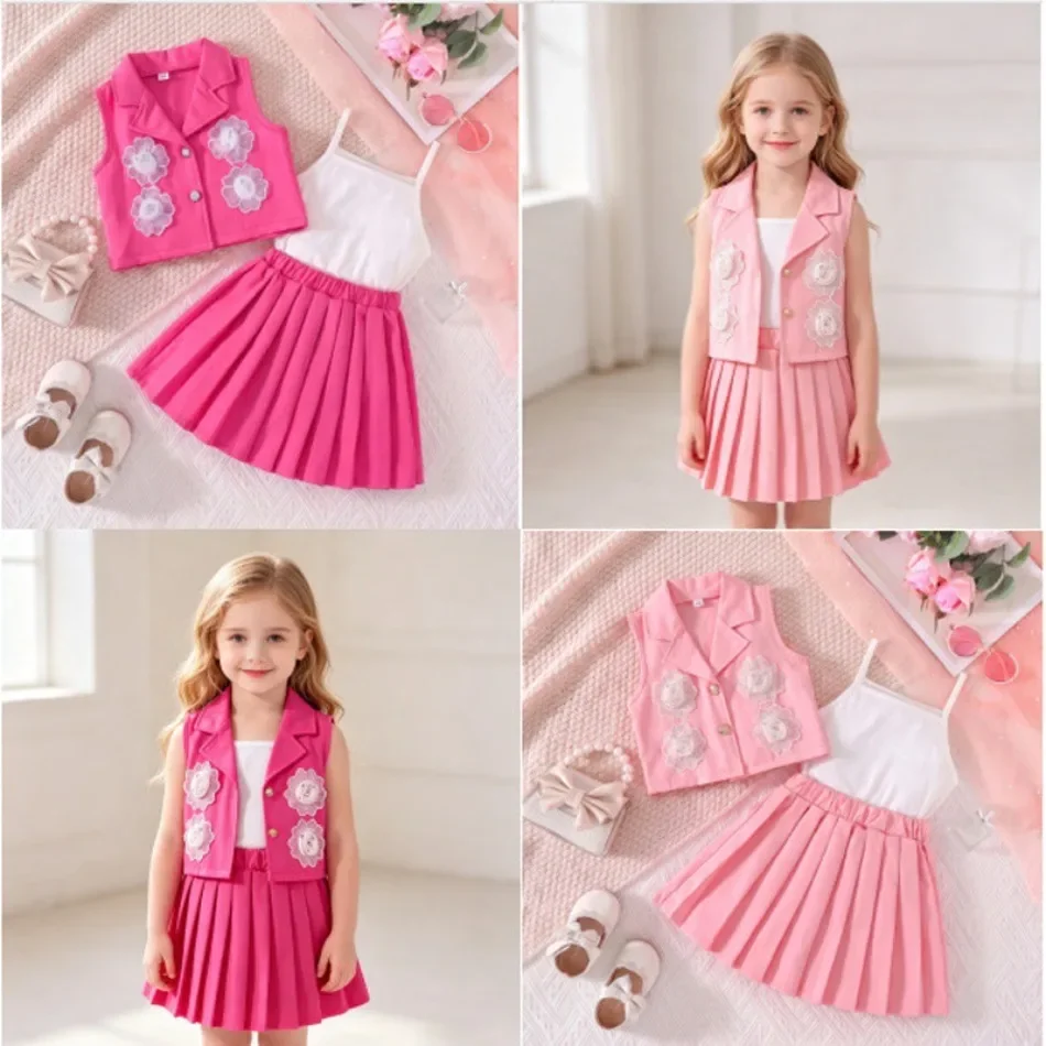 Girls 3pcs Summer Outfit Set Sleeveless Vest Spaghetti Strap Cami Top Elastic Waist Pleated Skirt Kids Casual Clothing ZZ12