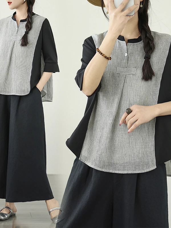 Ele Loose Cotton Linen irt Women's Faionable Vertical Stripes Patchwork Summer Age-Defng Color Blo Charming Top