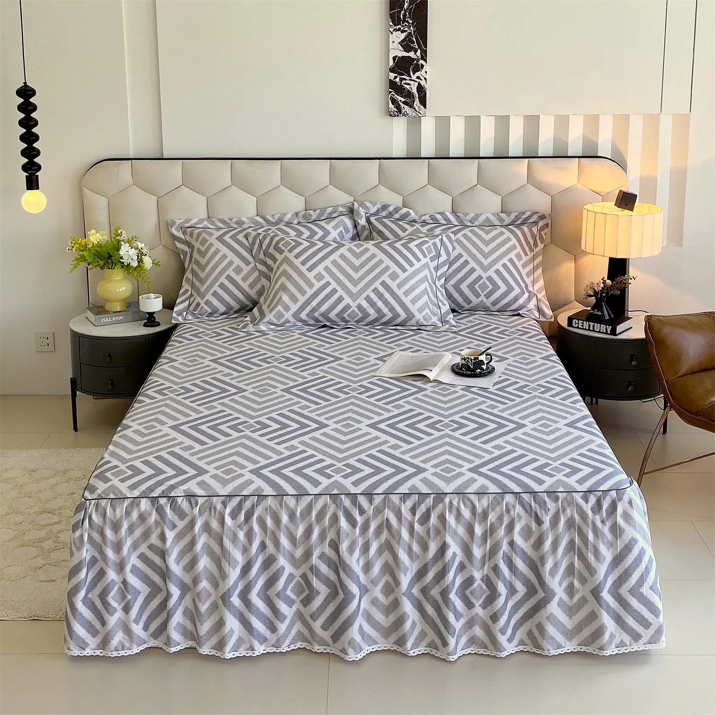 

1pc Geometric Style Bed Skirt Pure Cotton Bed Cover Single/Queen/King Size Bed Linen jupe de lit Soft Bedspread (No Pillowcase)
