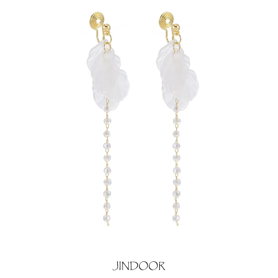 JINDOOR Fairy Tassel White Alloy Clip-On Earrings, Non-Pierced Ear Cuffs, Boho Chic Jewelry for Women, Perfect for Gift Giving