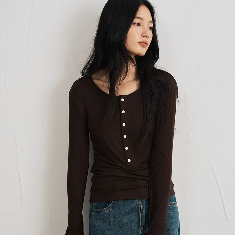 قميص أساسي من الصوف الحريري للنساء للخريف والشتاء برقبة دائرية وأزرار، قميص تريكو نحيف، لون سادة مخطط بأكمام طويلة #4