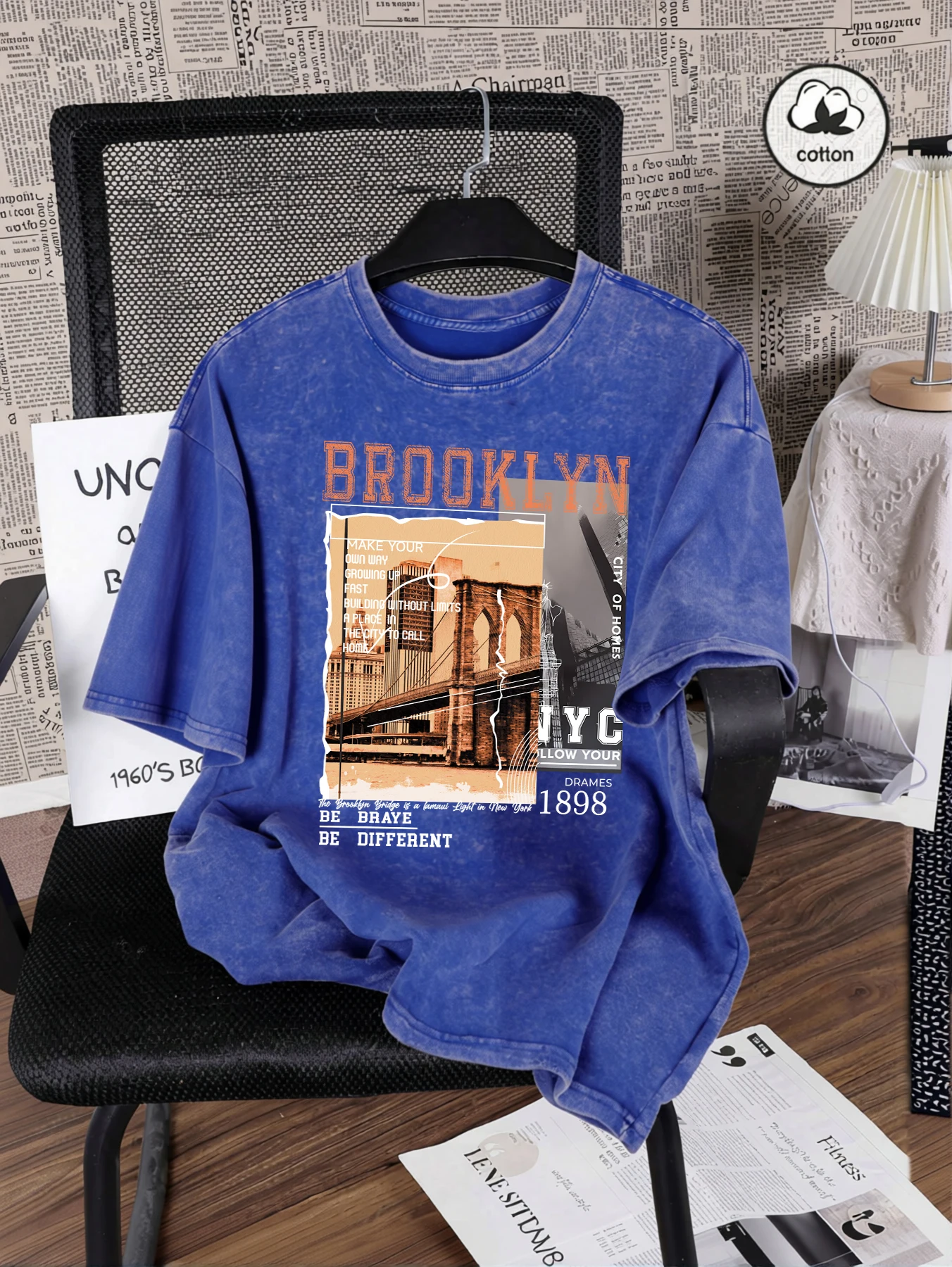

Brooklyn New York City Bridge Scenery Print Women Washed T Shirt Summer Cotton T-Shirt Casual O-Neck Tops Y2K Loose Sportswear