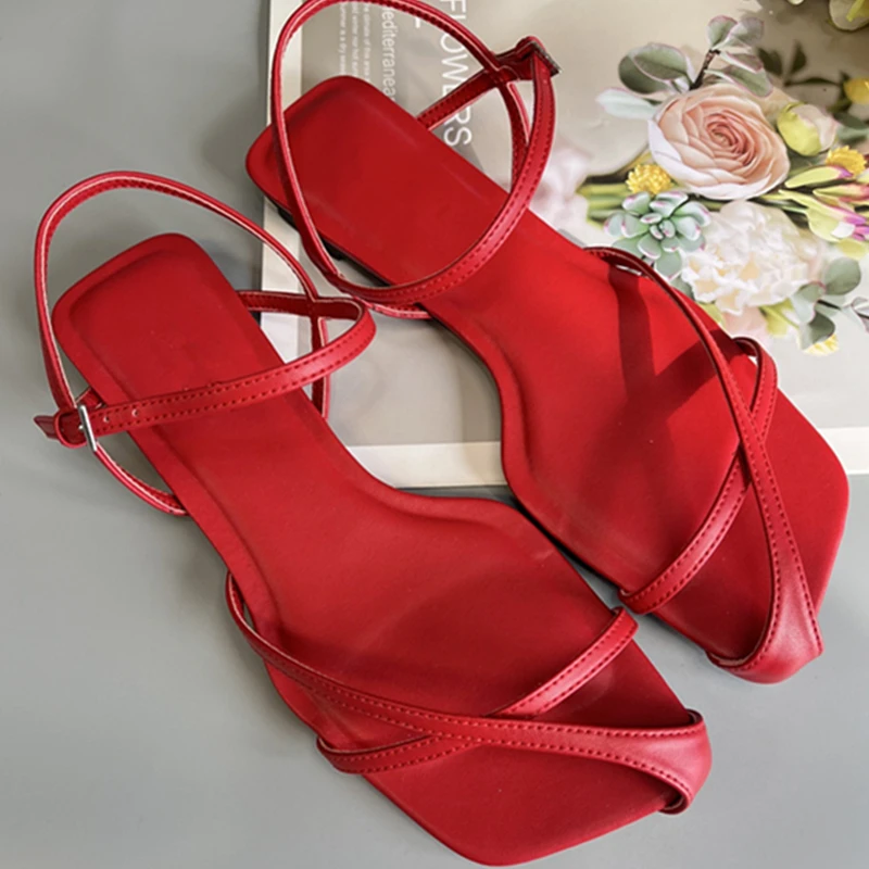 Dave&di Minimalist Genuine Leather Women's Sandals Spanish Retro Elegant Vacation Casual Red Flat Sandals Shoes For Woman Women