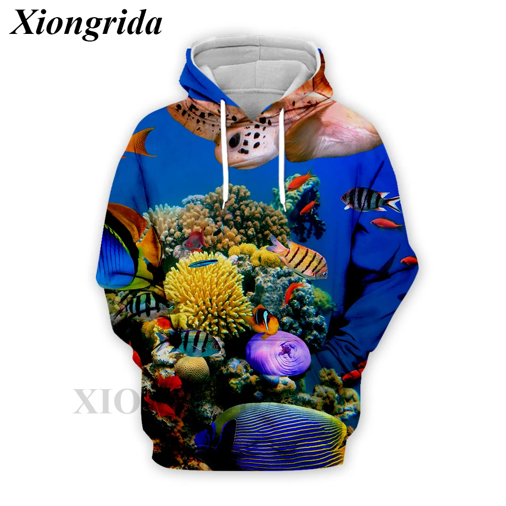 Fashion Fish Print Hoodies Men Casual Long Sleeve Tropical Fish All Over Print Sweatshirts Harajuku Unisex Sports Hood Top Stree