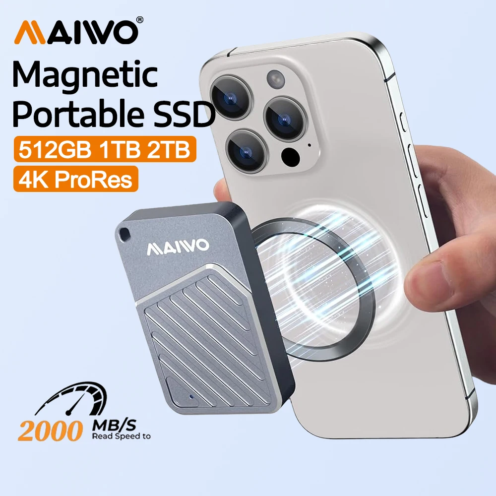

MAIWO Magnetic Portable SSD 512GB-2TB External Solid State Drive USB3.2 GEN2 Type-C 2000MB/s PSSD for iPhone Supports 4K ProRes