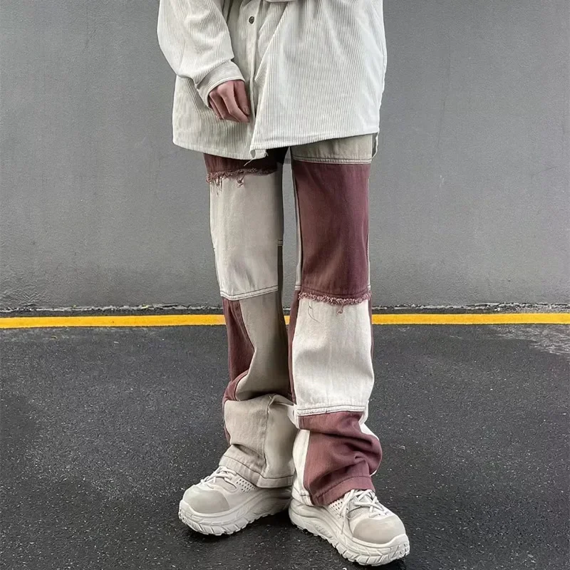 

2022 New Fashion Brown Patchwork Grunge Baggy Men Jeans Trousers High Street Loose Straight Hip Hop Women Denim Pants Pantalones