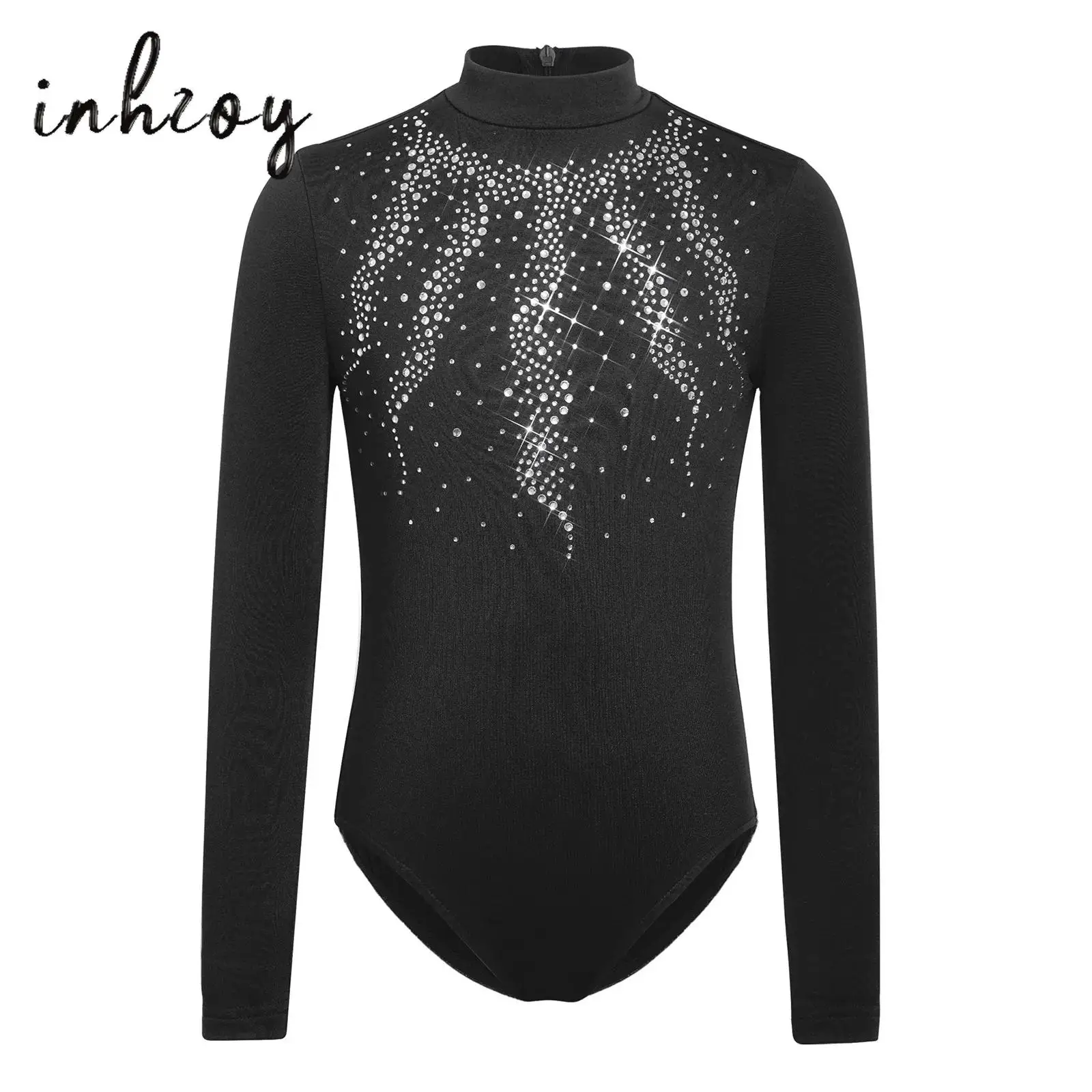 

Kids Girls Thin Fleece Lined Ballet Leotard Long Sleeve Zipper Shiny Rhinestone Dance Bodysuit for Gymnastics Figure Skating