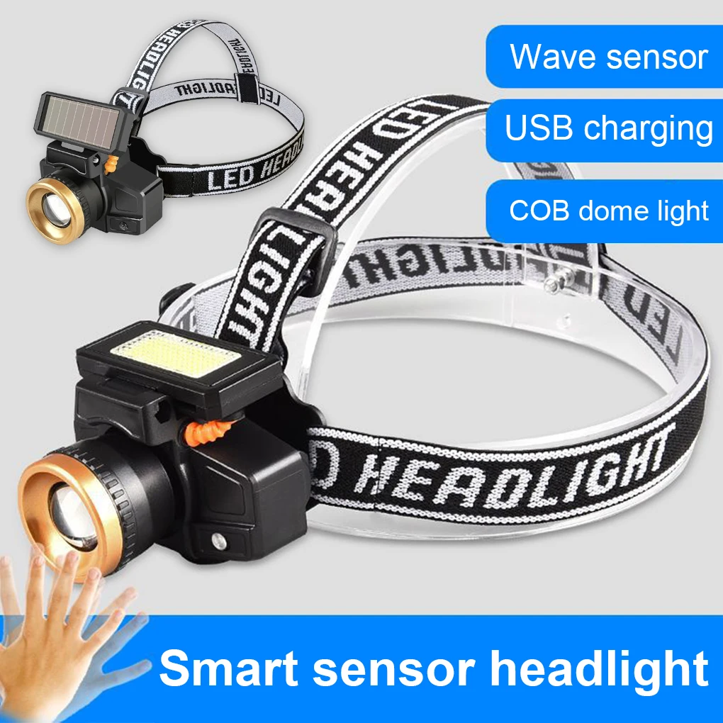 

Motion Sensor Headlight Solar Charging XPE LED Headlamp Torch Work Light Battery Head Flashlight USB Waterproof Camp Head Lamp