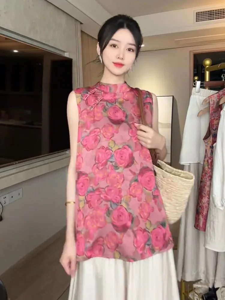 New Chinese Blouse Satin Jacquard Sleeveless Shirt for Women Summer 2026 Frog Button Back Split Modified Tang Top women's blouse