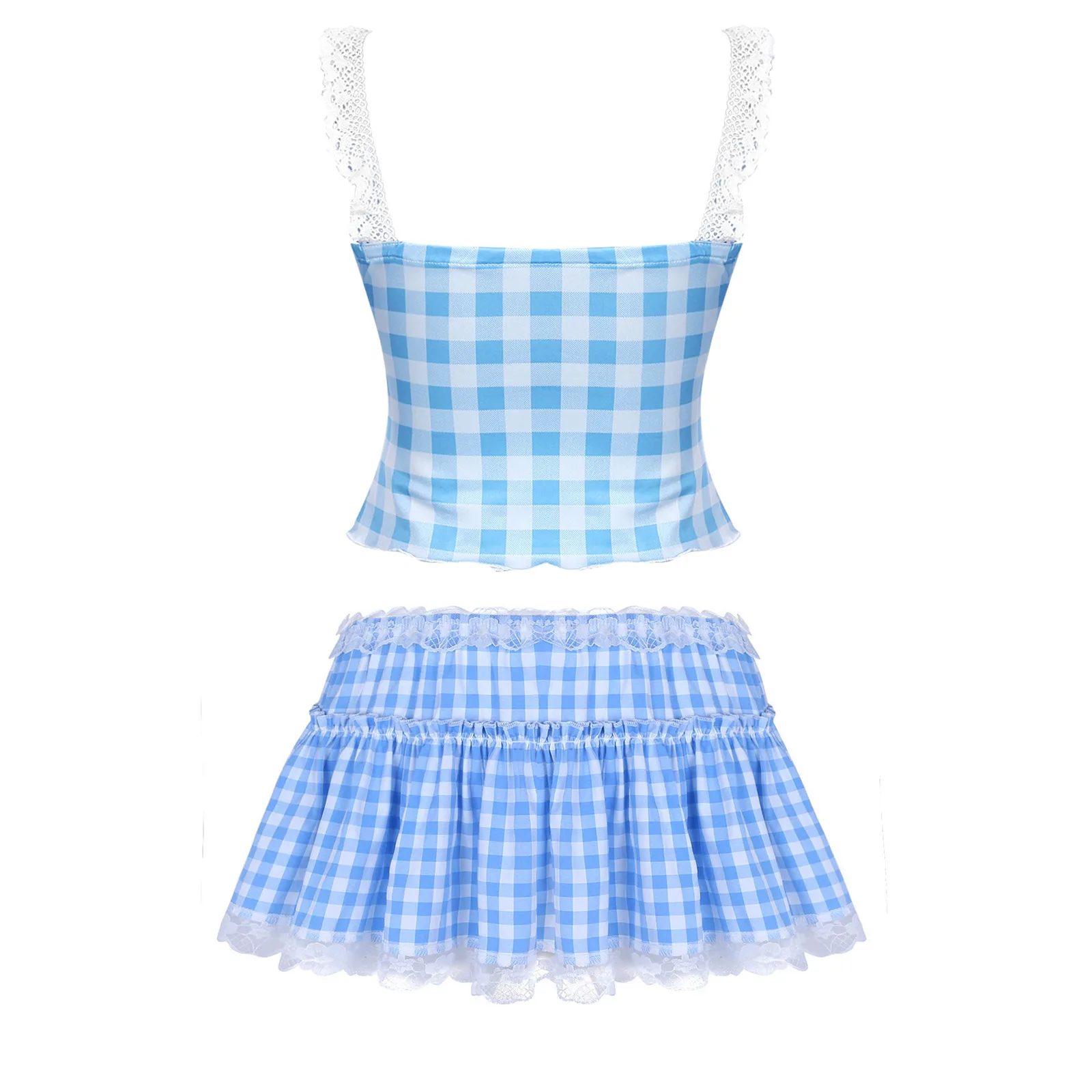 Womens Two-Pieces Plaid Outfit Lace Trim Spaghetti Crop Tops Square Neck Sleeveless Camisole Ruffled A-Line Mini Skirt Summer