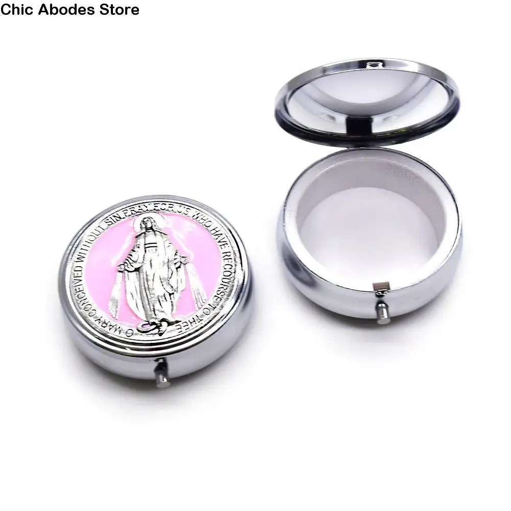 

Retro Religious Jewelry Box Round Zinc Alloy Virgin Mary Gift Box Elegant Saint Benedict Jewelry Box Catholic Gift