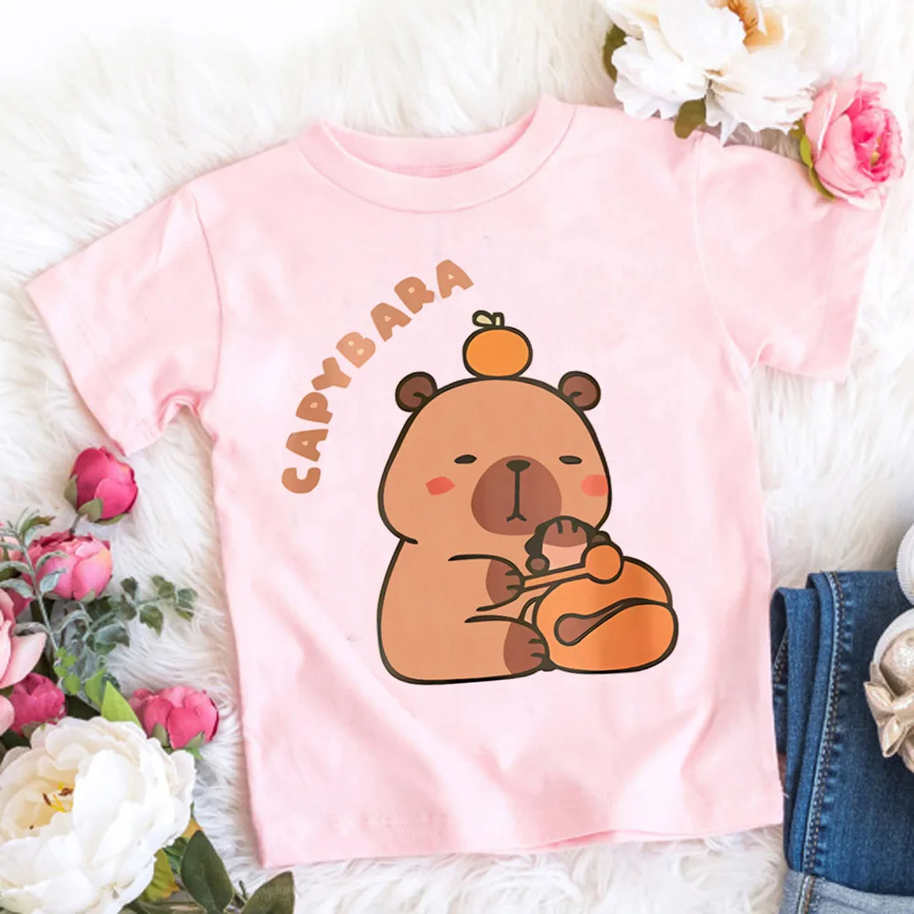 Kids Basic T-shirt Capybara Tees 3-10Years Children Short Sleeved Clothes Boys Girls Round Neck Tops Birthday Gifts