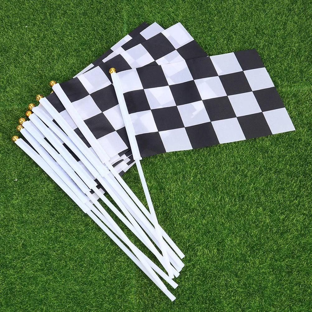 Racing Start Signal Flags 10Pcs Polyester Checkered Grid Handheld Cheering Flags for Auto Race Party Decor