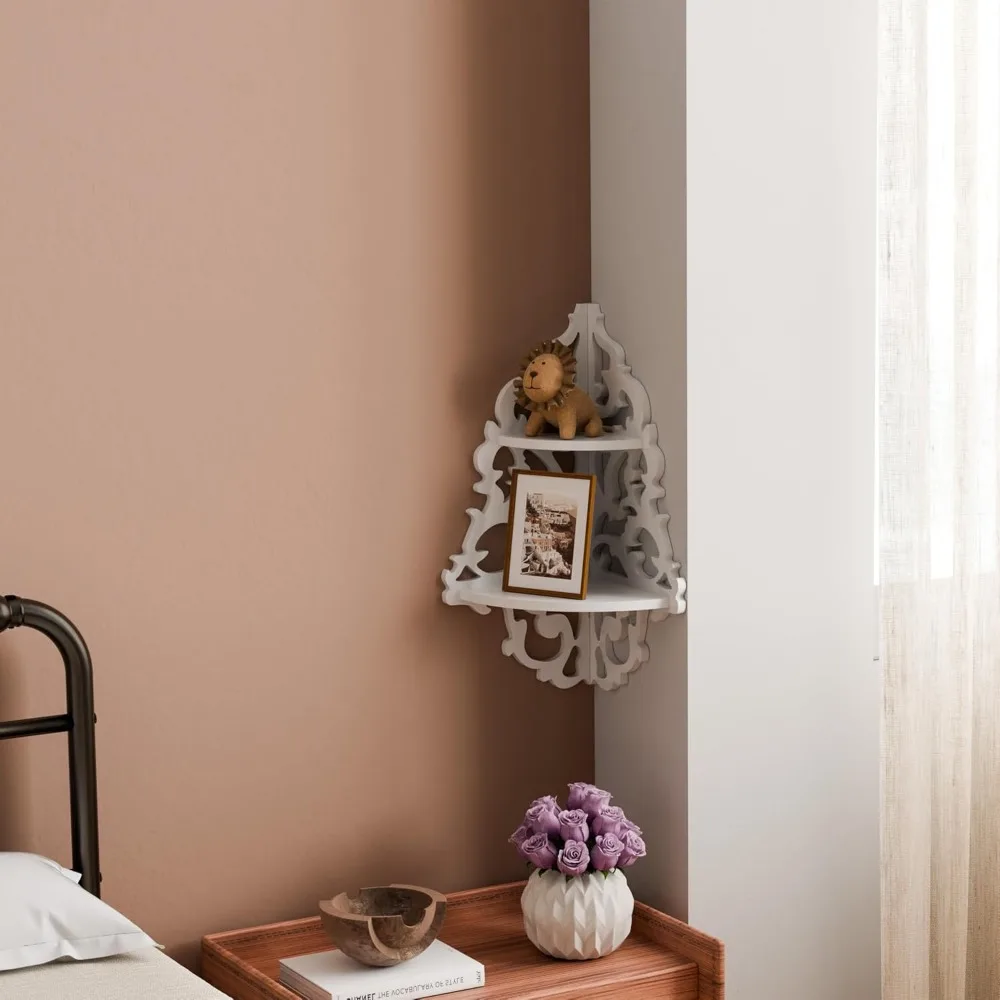 Prateleiras de parede de canto branco vintage de 2 camadas, prateleiras suspensas de design recortado para parede, prateleira de exibição redonda de madeira, dec caprichoso