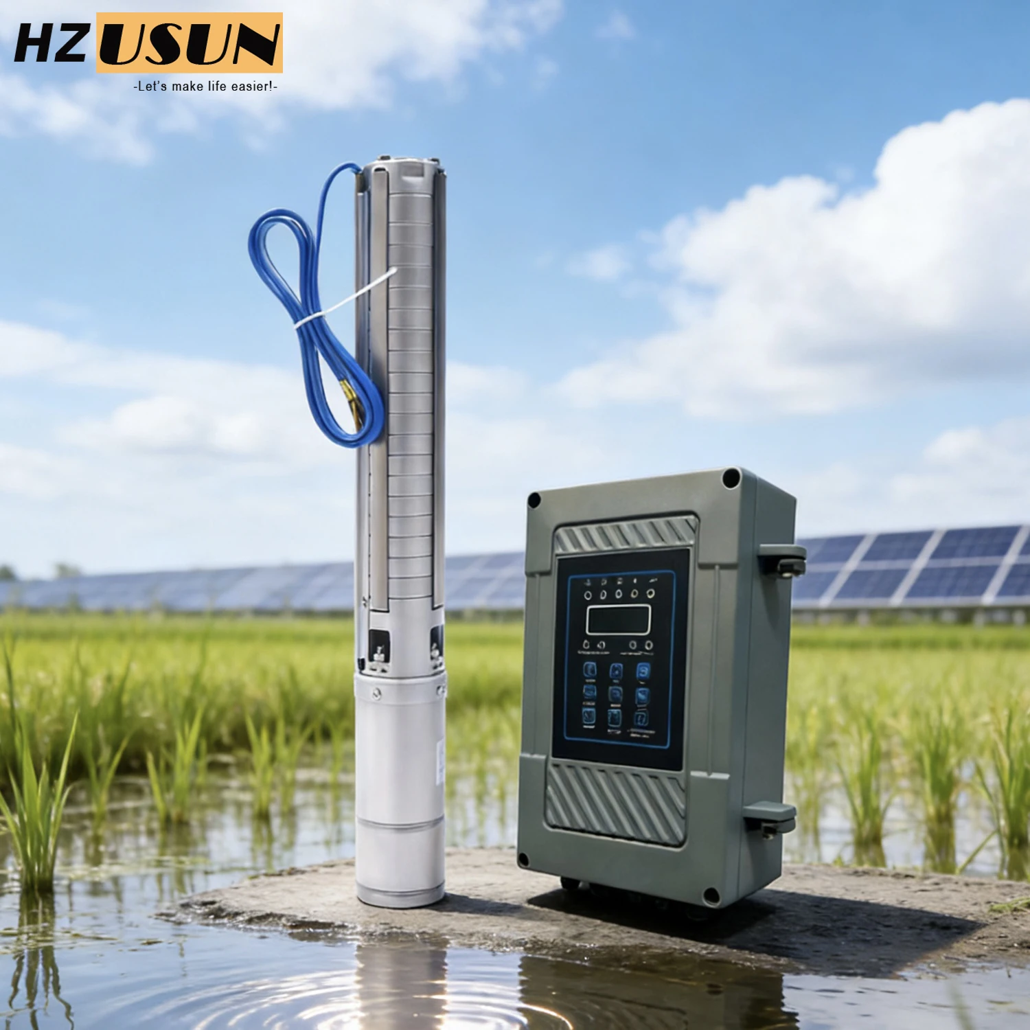 

HZUSUN 5HP 180m Borewell High Pressure Solar Water Pump Price Solar Powered Submersible Drip Agricultural Irrigation Pump System