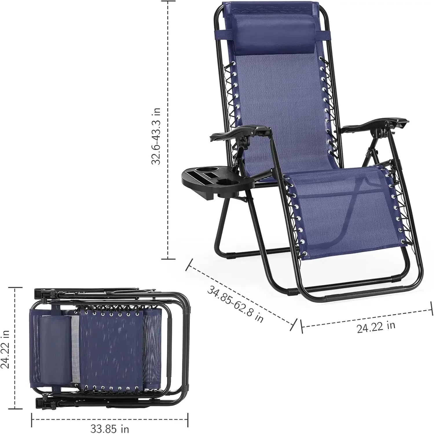 Set of 2 Portable Recliner Beach Camping Patio Outdoor Folding Lounge Chair with Cup Holder Trays and Adjustable Pillow