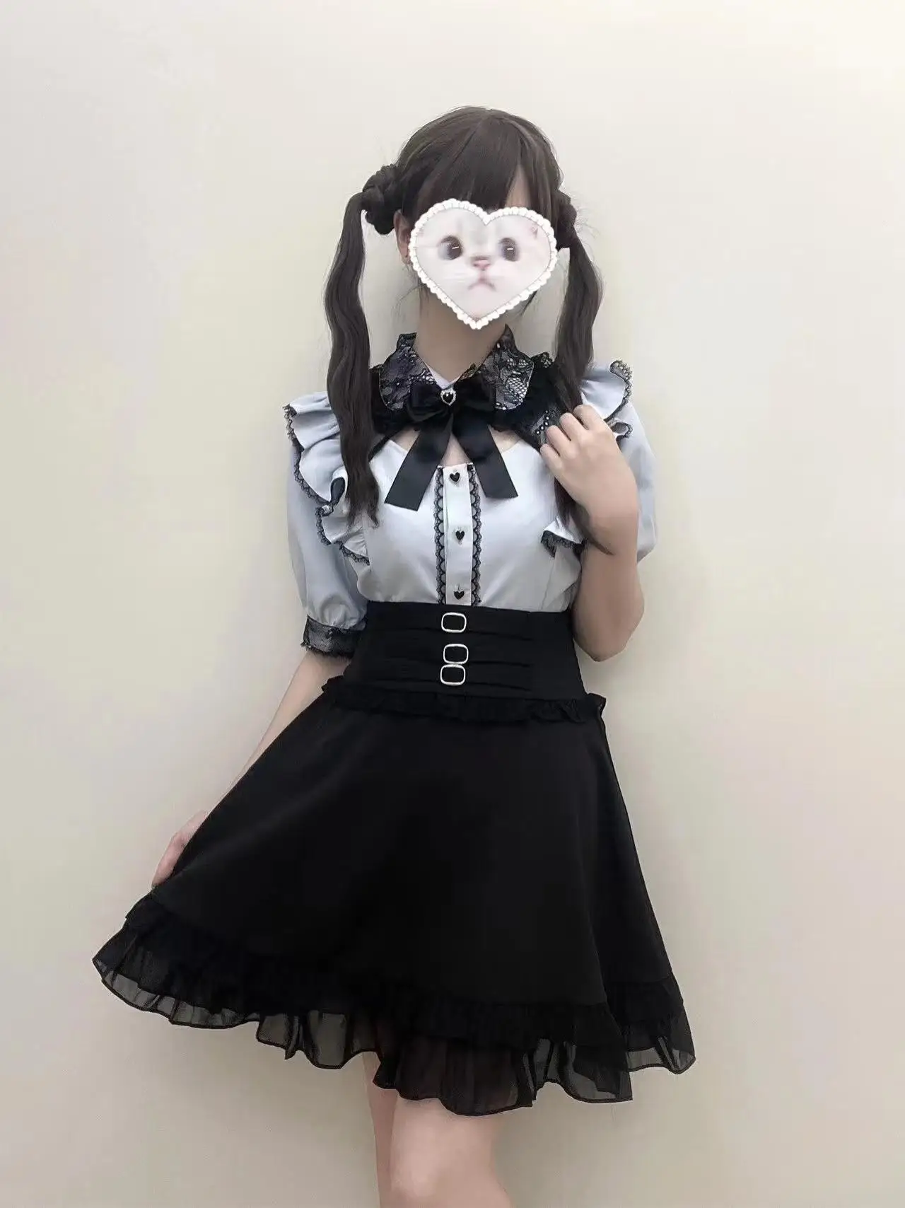 JIAERDI Lace Turn-down Collar Short Sleeve Shirts Women Black Short Skirt Set Y2K Cute Ruffle Skirts Lolita Shirt Gown Suit
