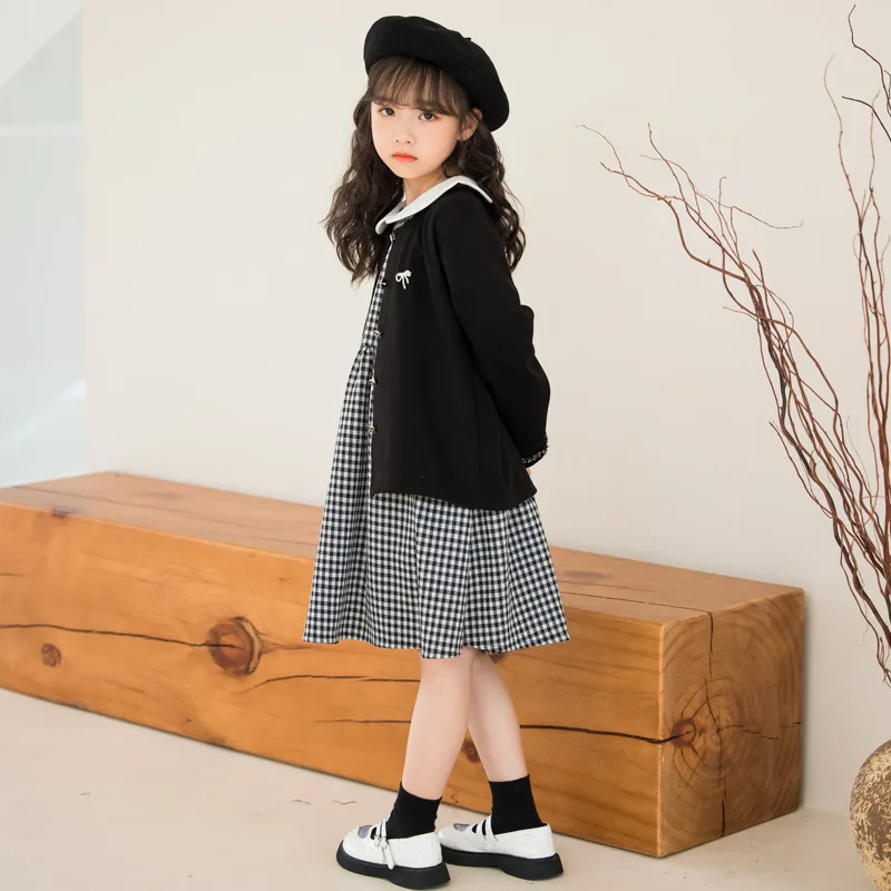 Korean Spring Autumn Children Girl 2PCS Clothes Set Junior Girl Checkered One-piece Dress+Single-breasted Coat Set For Girls