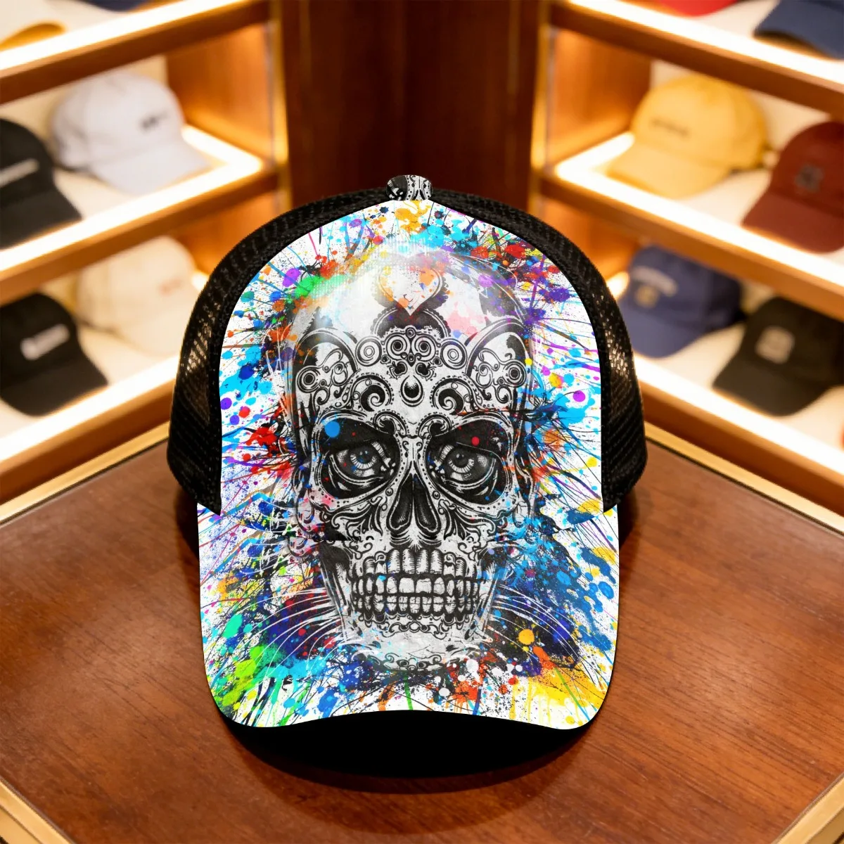 1pc Vibrant Skull Splash Art Adjustable Snapback Cap Mesh Cap Perfect for All-Day Use Comfortable All-Season Hat