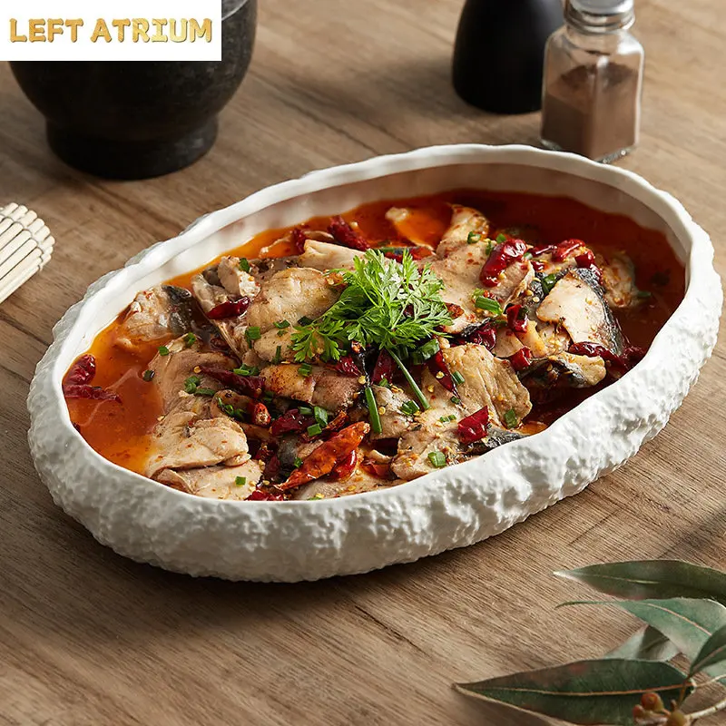 Rock Texture Ceramic Main Dish Plate Kitchen Household Pasta Steak Dish Plate Creative Pure White Characteristic Tableware