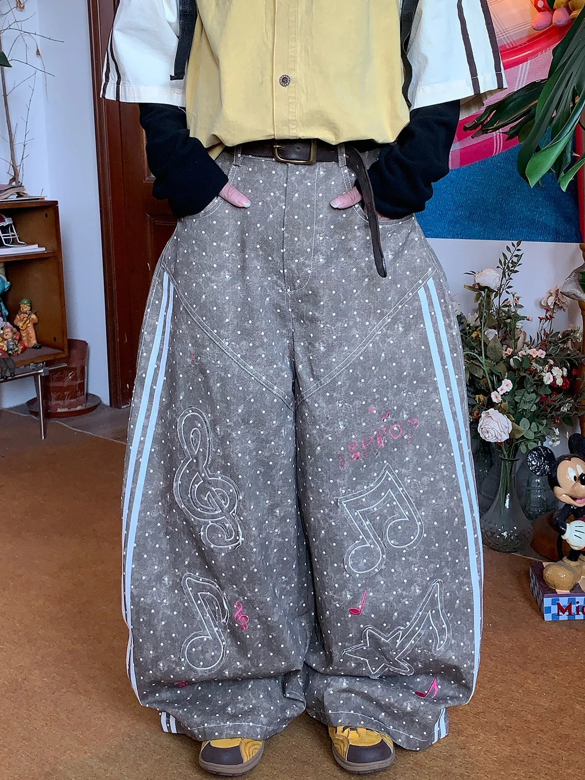 

Женские повседневные уличные брюки с высокой талией и принтом, широкие штаны в горошек, длинные брюки, новинка 2026 года, свободные джинсы