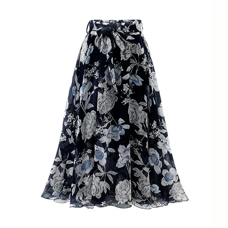 

2024 Summer Print Floral Skirts For Women Casual Loose Elastic Waist Plus Size Skirt Belt A-line Chiffon Beach Saias Midi Femme