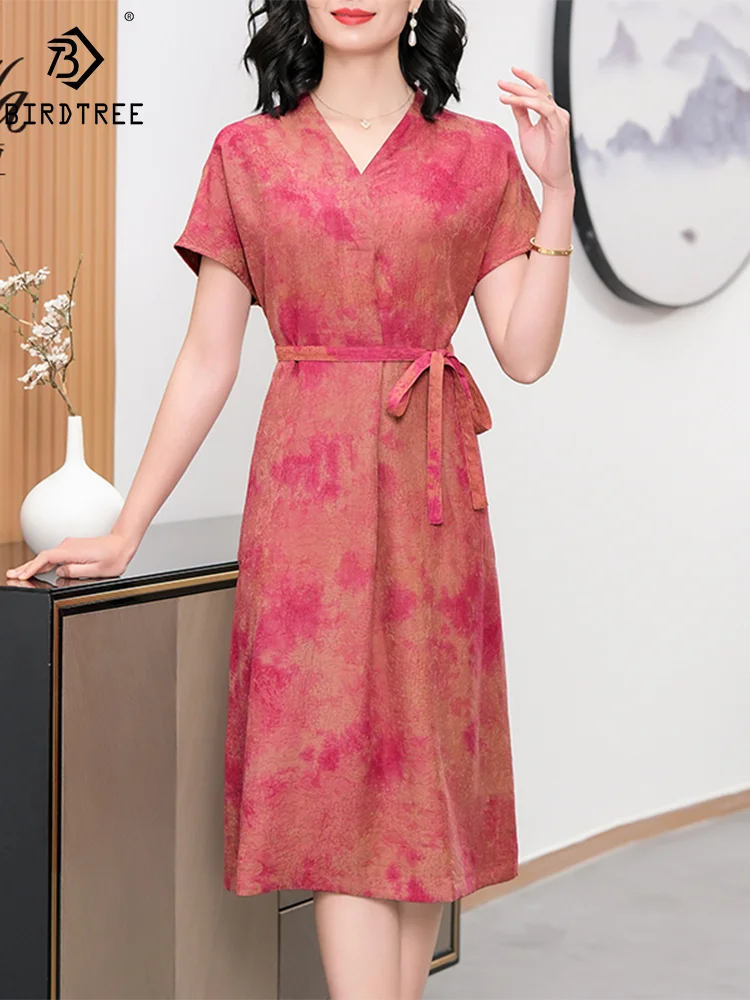 

BirdTree 100%Mulberry Silk XiangYunSha Dresses, Women's Short Sleeve Tie Dye, Elegant Loose Mom Dress, 2024 Summer New D44428QM