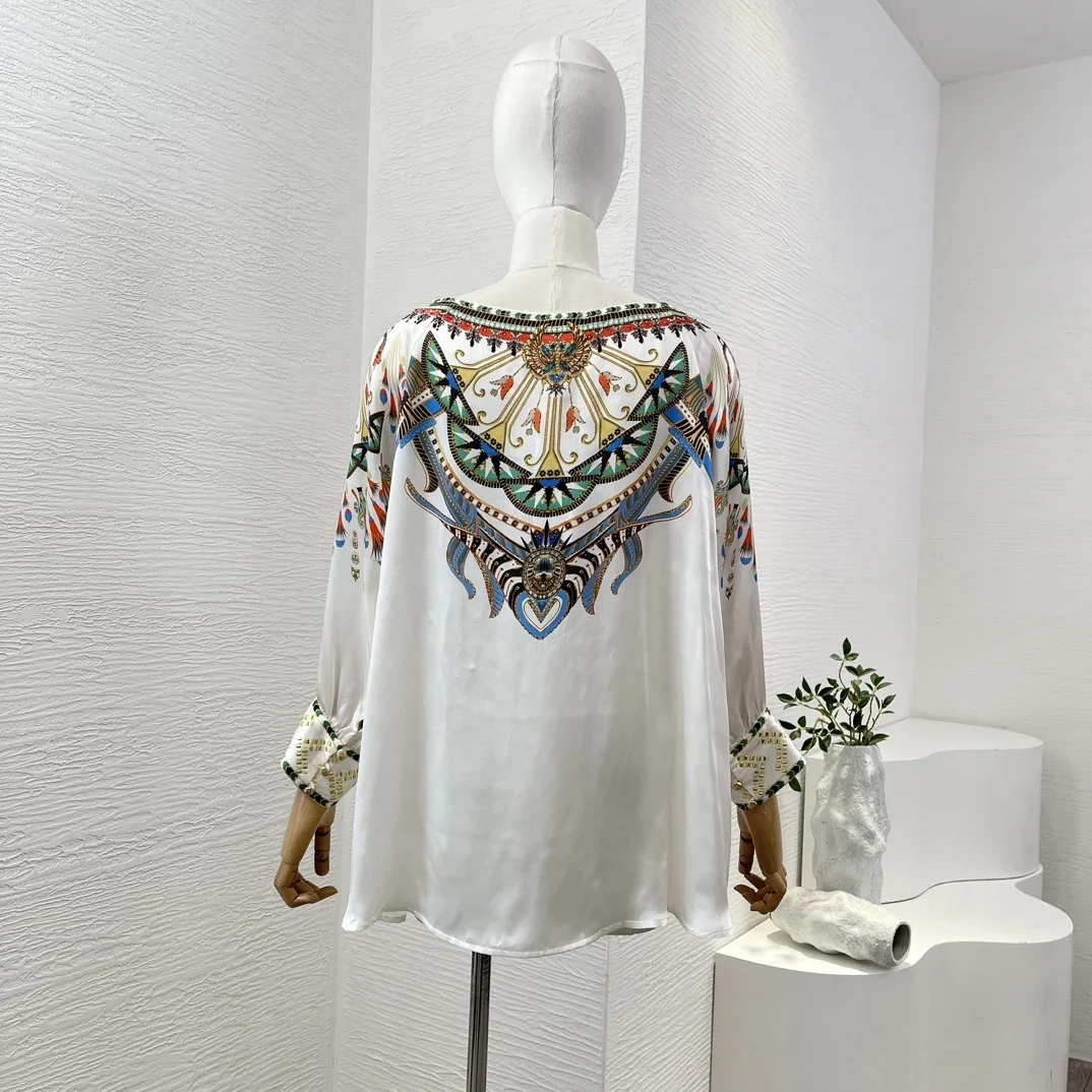 Women White Long Sleeve Floral Print Loose Blouse Tops 2024 High Quality