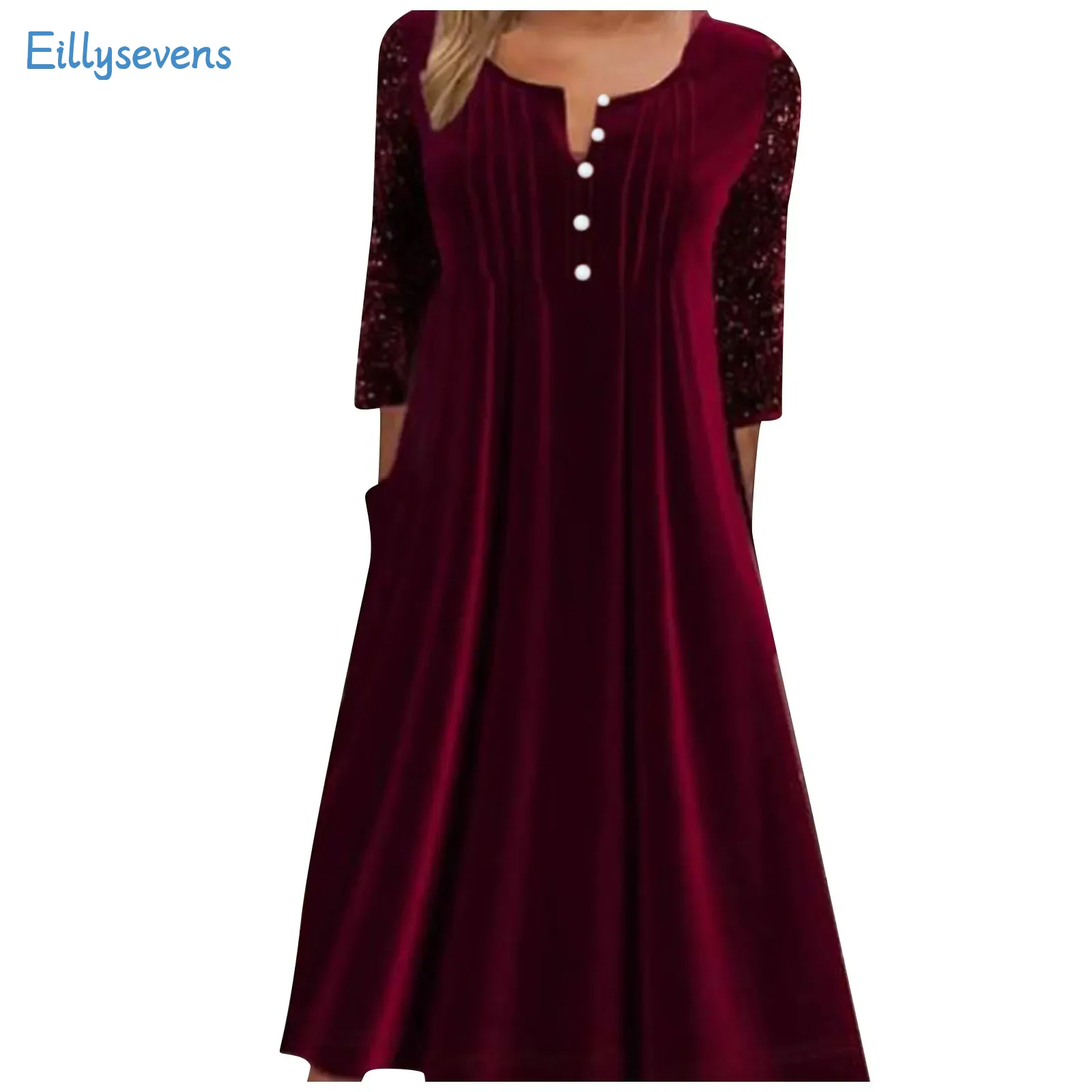 

Women'S Gold Velvet Dresses Fashionable Patchwork Vintage Large Hem Dress Muslim Ethnic Style Button V-Neck Long Sleeve Dress